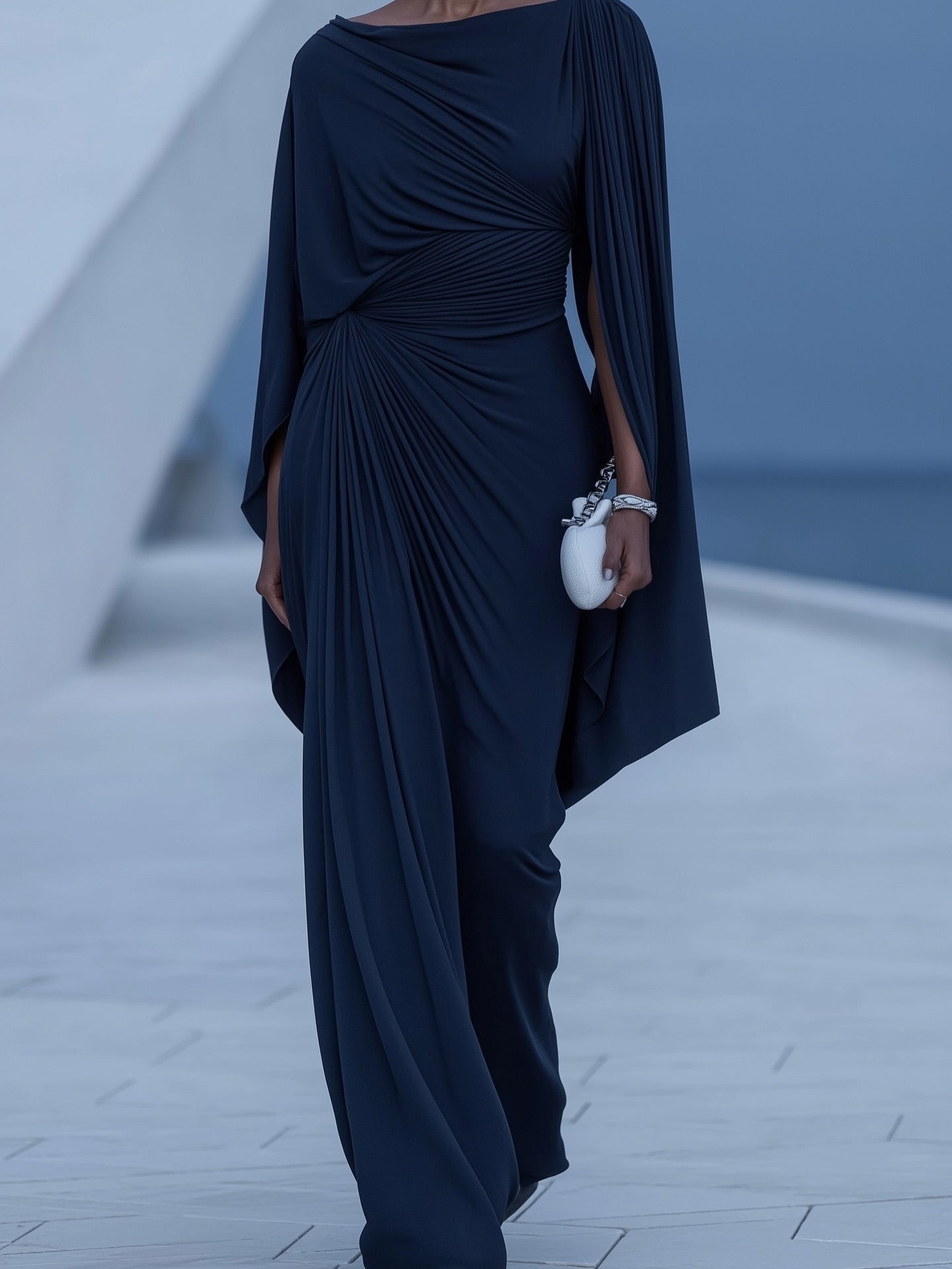 Elegant Dark Blue Pleated Maxi Dress with Cape Overlay