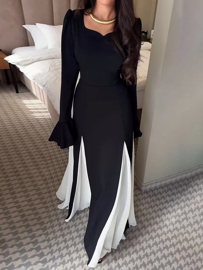 Elegant Black and White Flared Long-Sleeved Maxi Dress for a Timeless Look