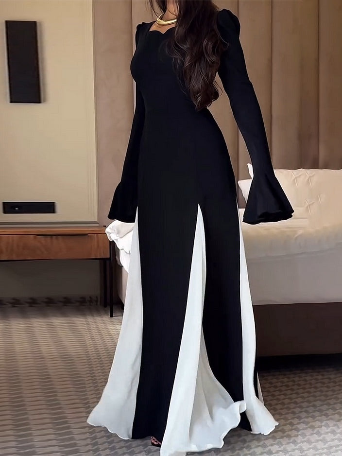 Elegant Black and White Flared Long-Sleeved Maxi Dress for a Timeless Look