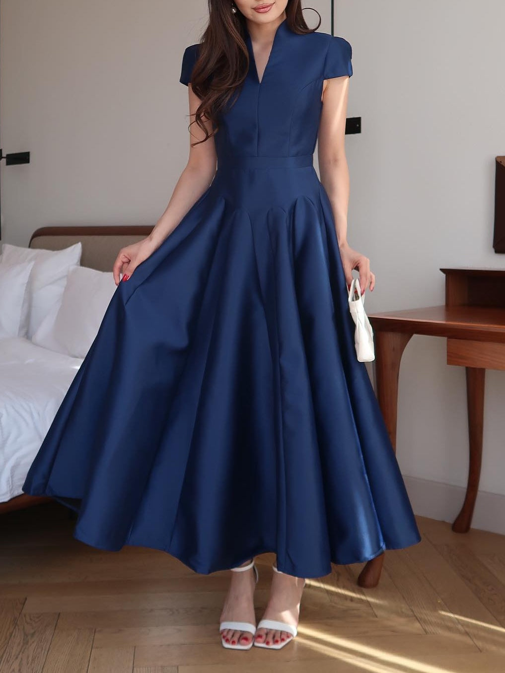 Elegant navy blue long dress with V-neck