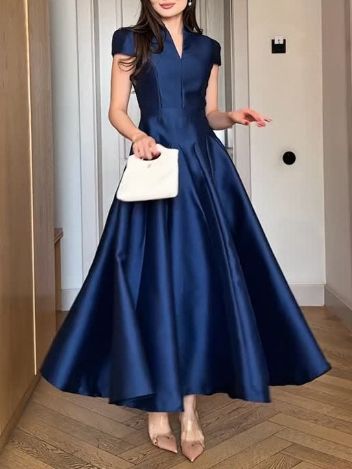 Elegant navy blue long dress with V-neck