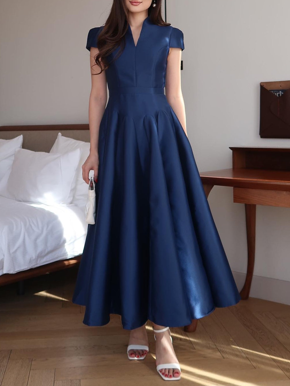 Elegant navy blue long dress with V-neck
