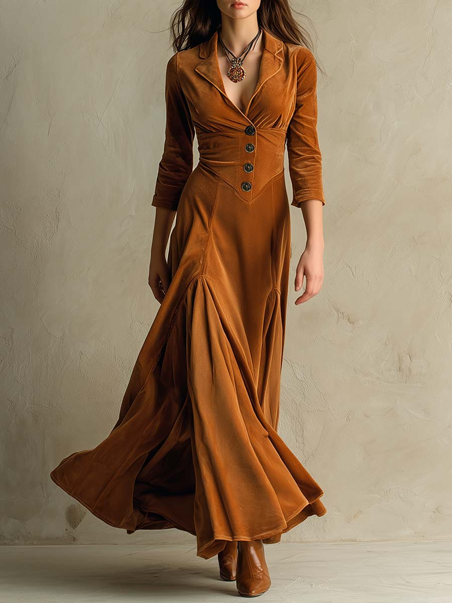 Elegant Long Brown Velvet Dress with Retro Suit Collar