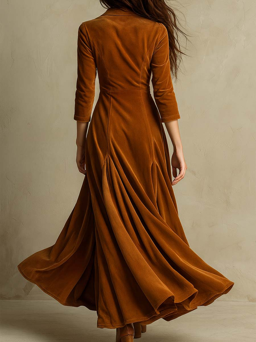 Elegant Long Brown Velvet Dress with Retro Suit Collar