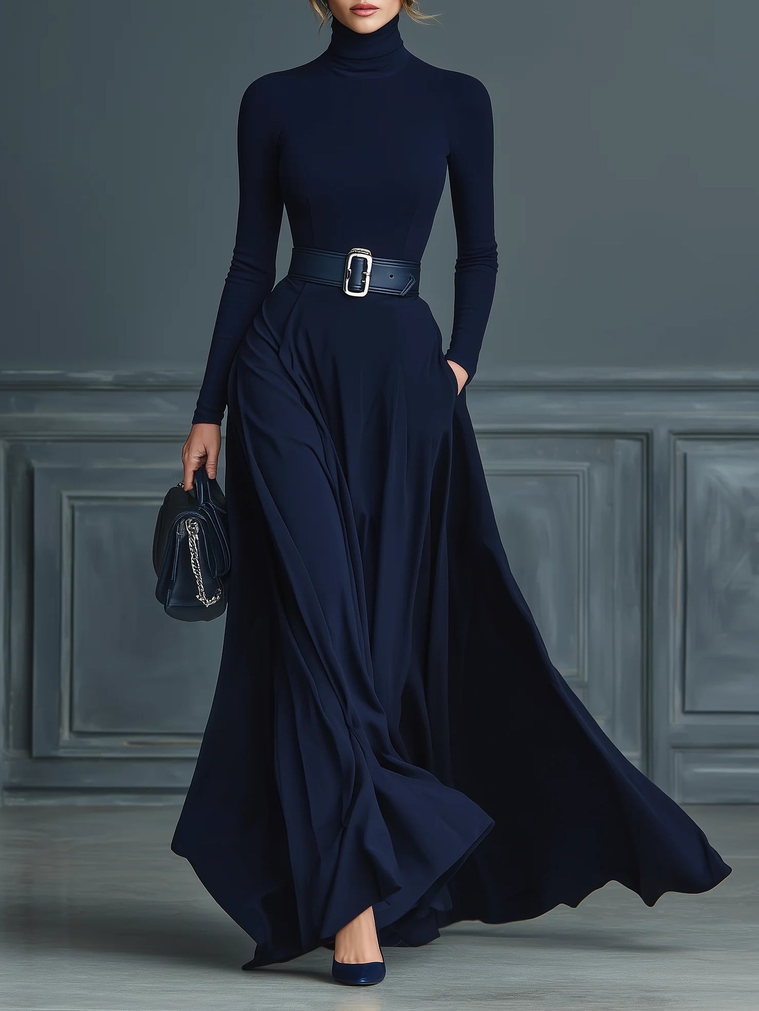 Chic Dark Blue Knit Dress with Stand Collar