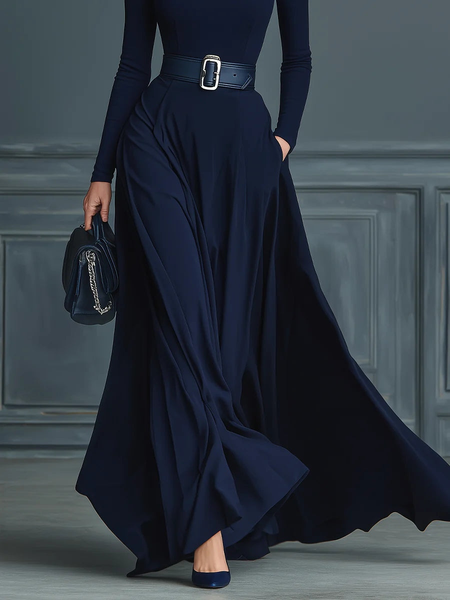 Dark Blue Knit Dress with Elegant High Neck