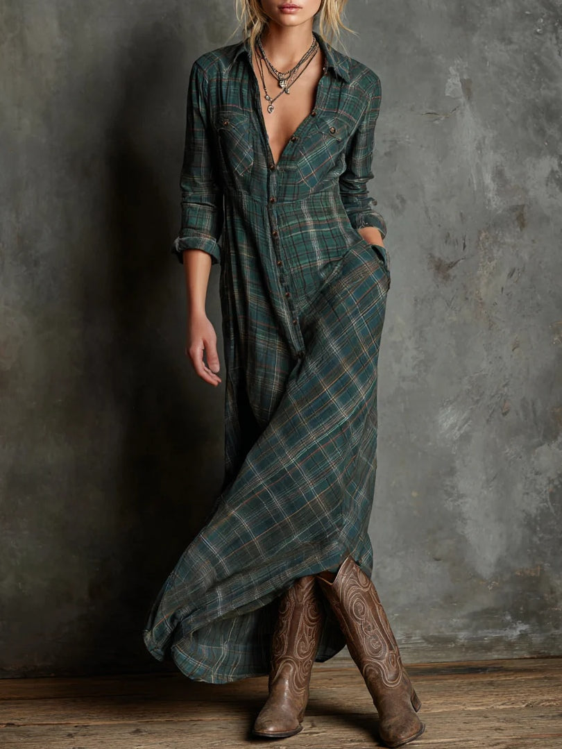 Long green plaid shirt with shawl collar and single-breasted design