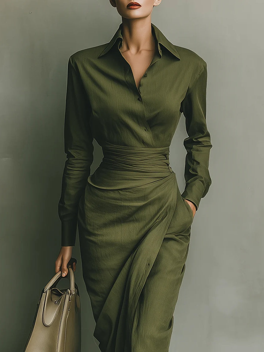 Elegant Military Green Mixed Cotton Maxi Dress