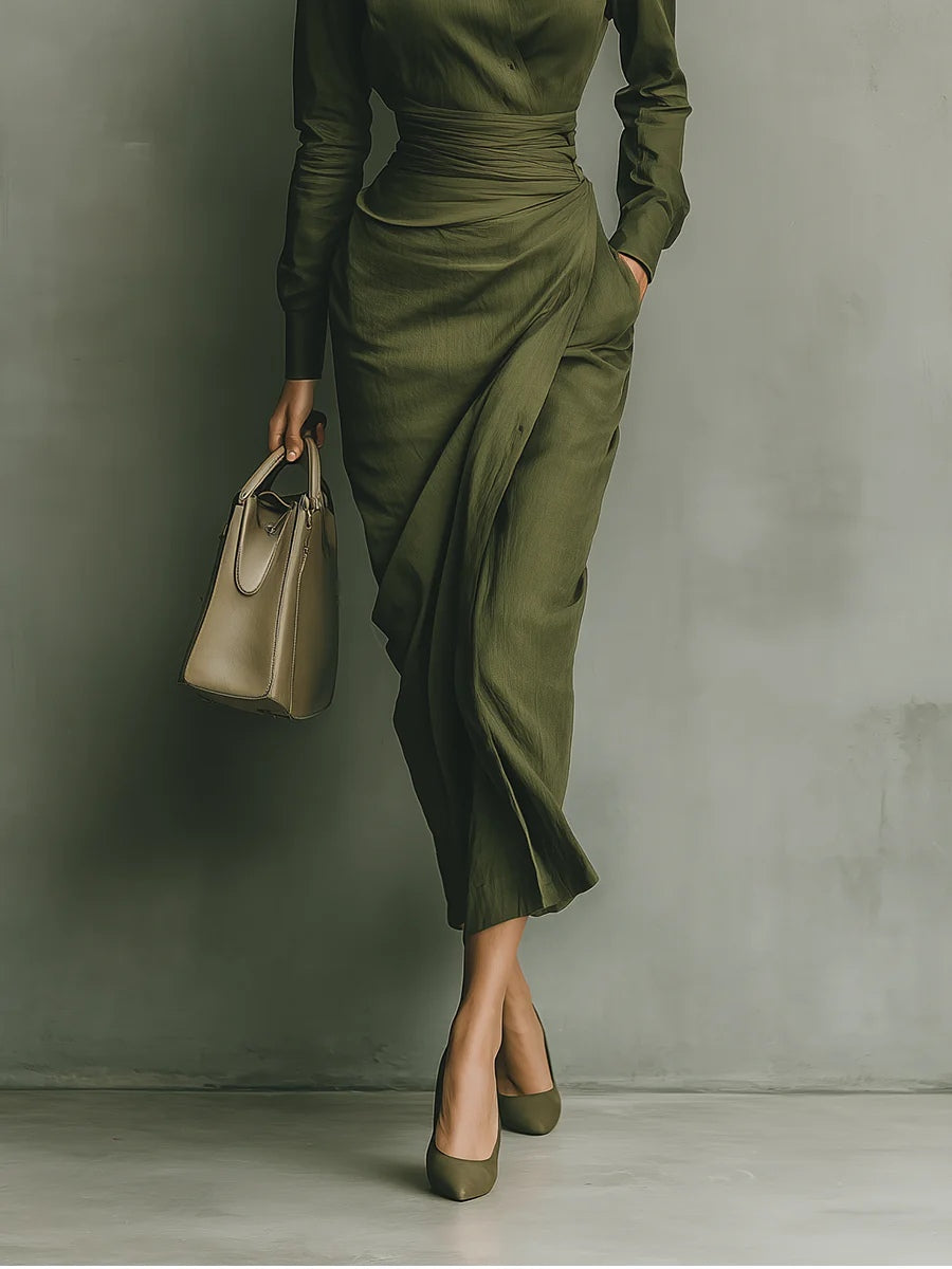 Elegant Military Green Mixed Cotton Maxi Dress