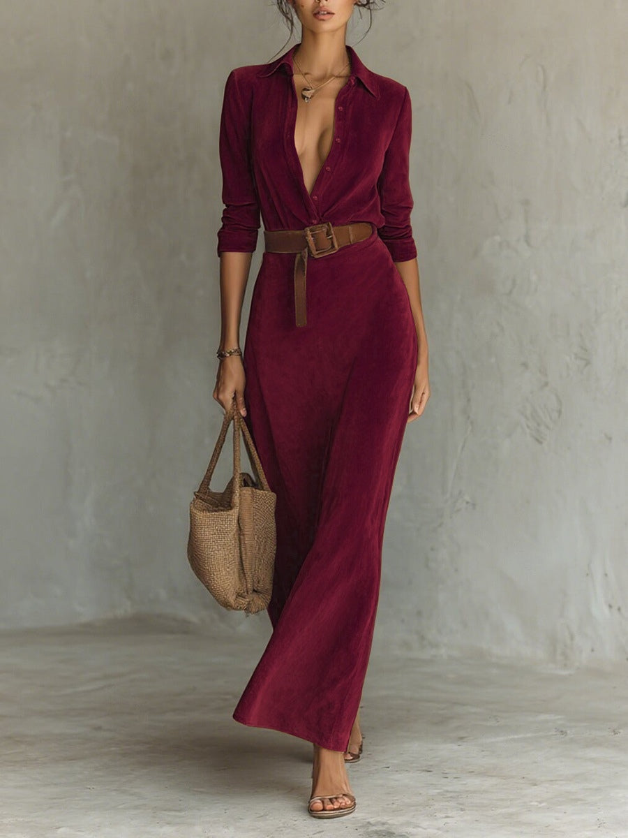 Elegant long suede maxi dress with a tie-neck collar and long sleeves