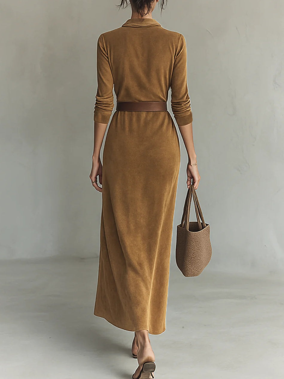 Elegant long suede maxi dress with a tie-neck collar and long sleeves