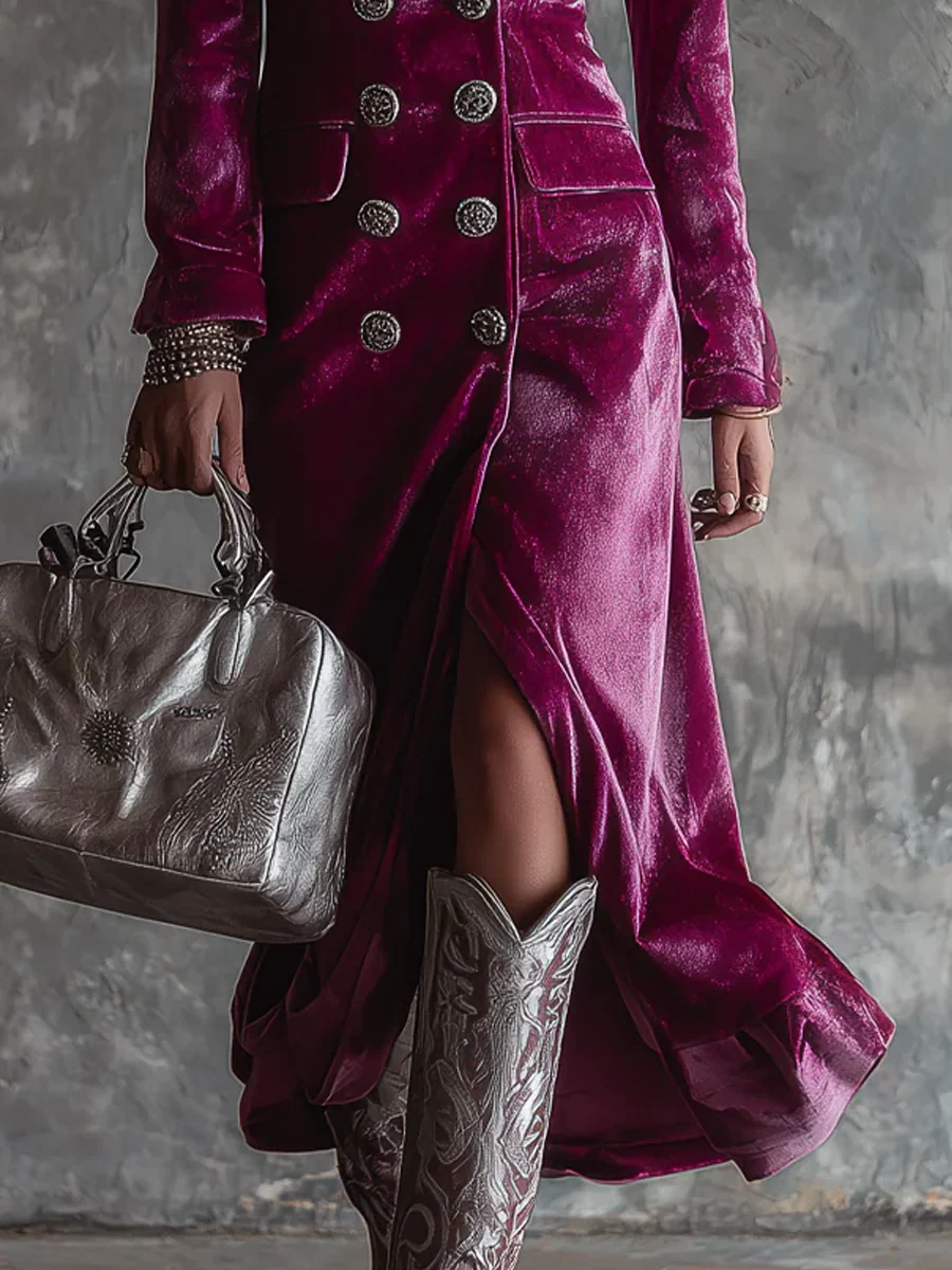 Elegant long maxi velvet dress with button details