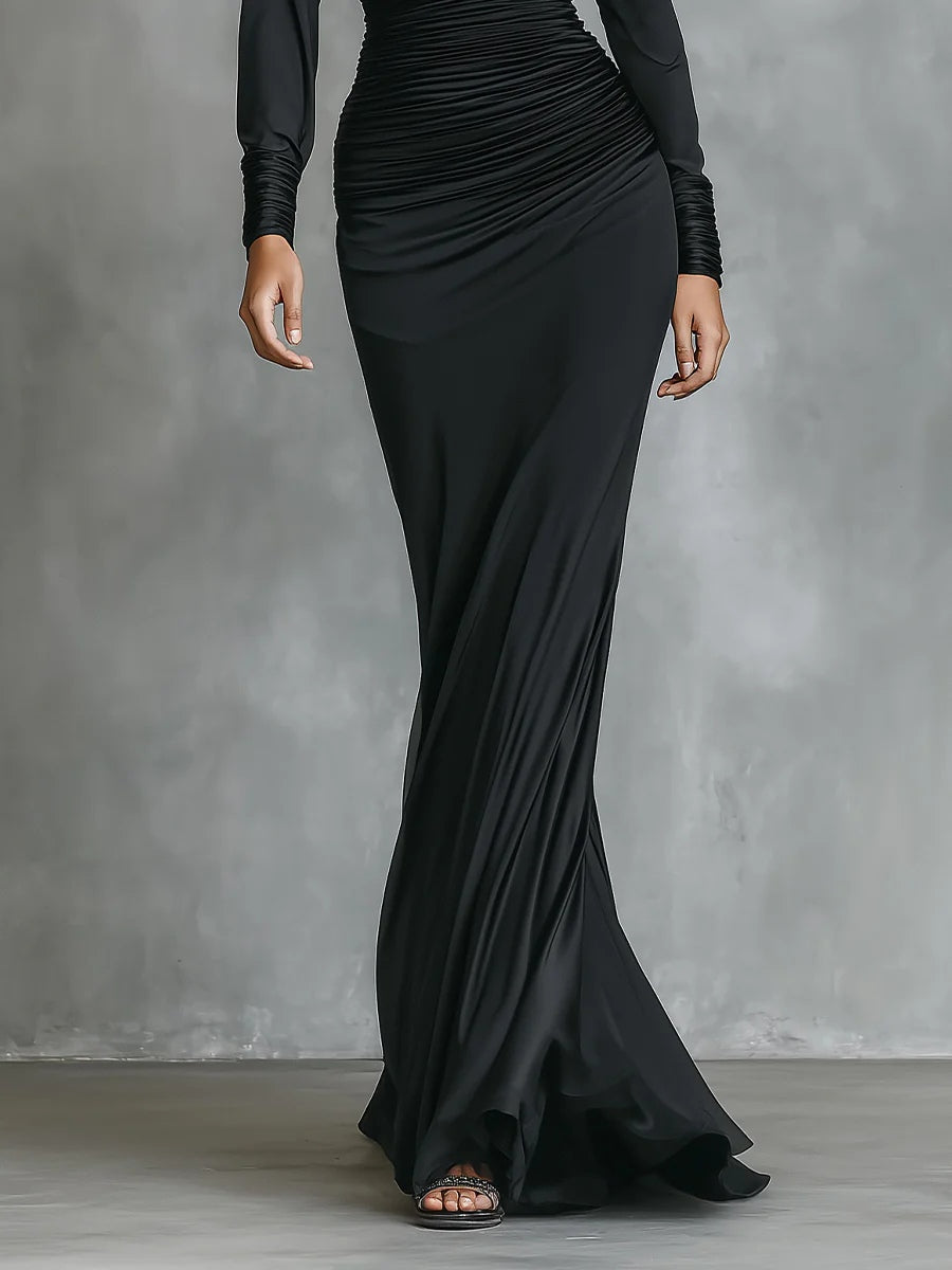 Elegant Long Mermaid Satin Dress in Black with One Shoulder and Pleats
