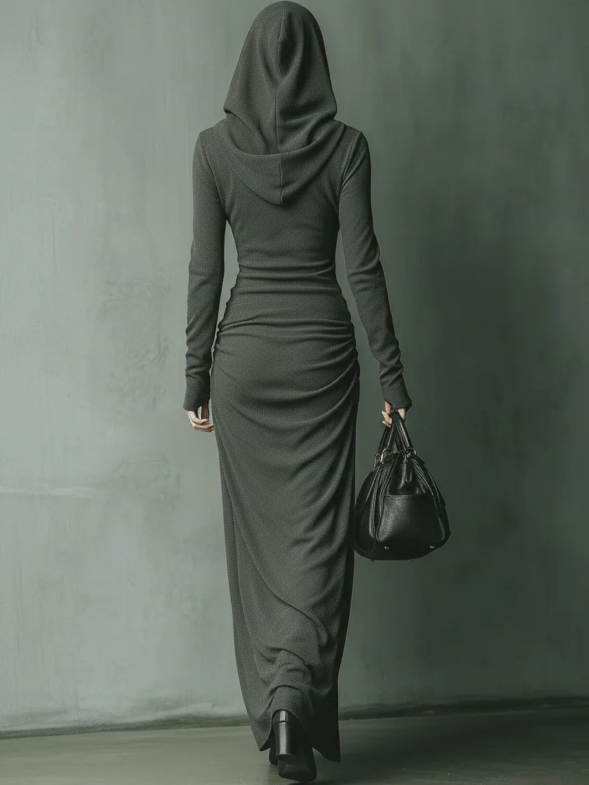 Dark Grey Stretch Knit Maxi Dress with Hood for a Stylish and Comfortable Look