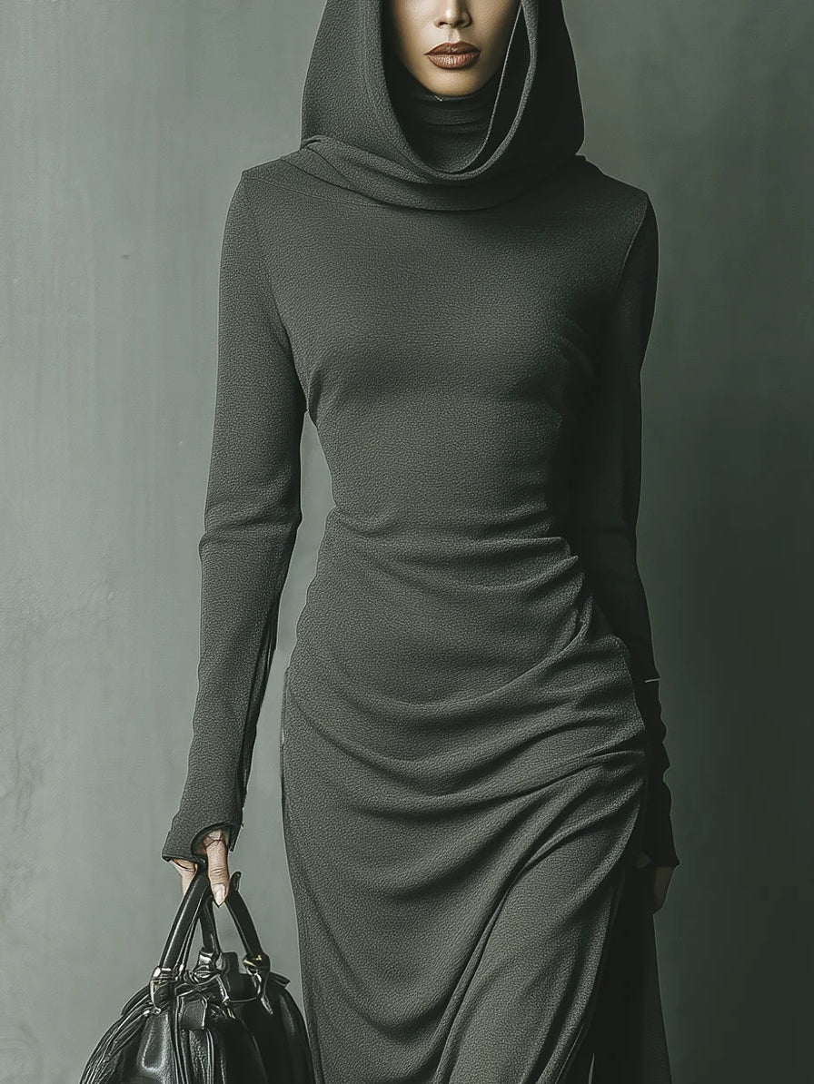 Dark Grey Stretch Knit Maxi Dress with Hood for a Stylish and Comfortable Look