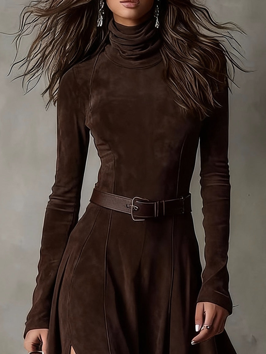 Elegant Dark Brown Faux Leather Turtleneck Maxi Dress with Long Sleeves and Side Slit (Includes Belt)