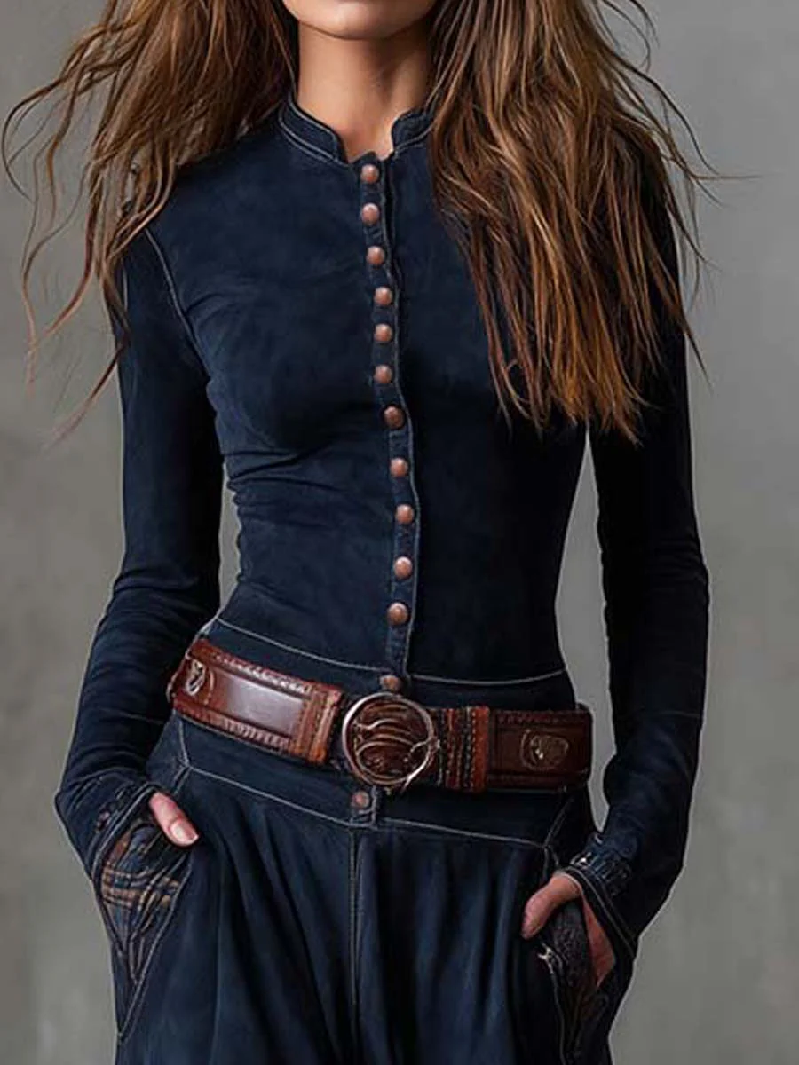 Vintage Maxi Suede Dress with Plaid Pattern in Navy Blue with Belt