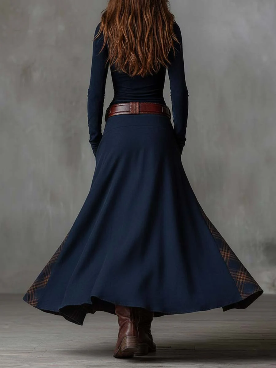 Vintage Maxi Suede Dress with Plaid Pattern in Navy Blue with Belt