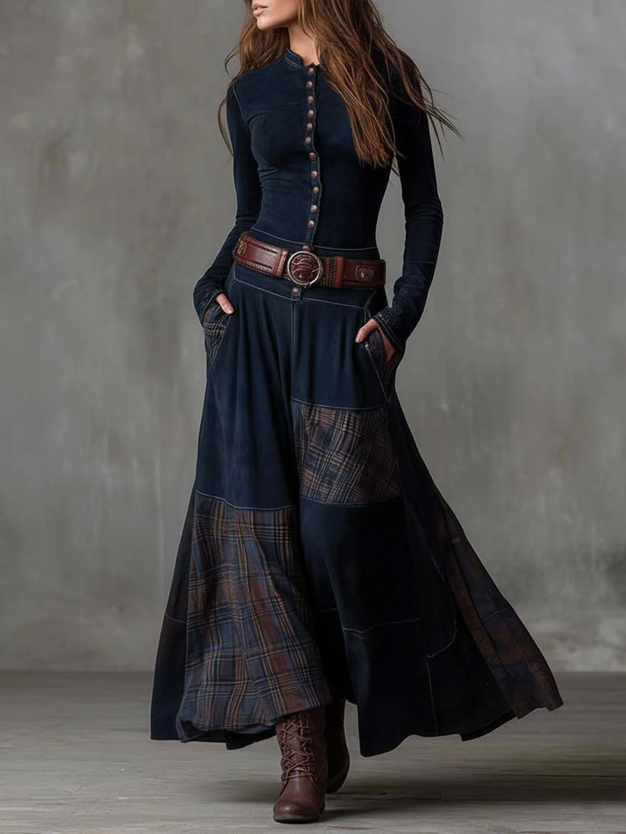 Vintage Maxi Suede Dress with Plaid Pattern in Navy Blue with Belt