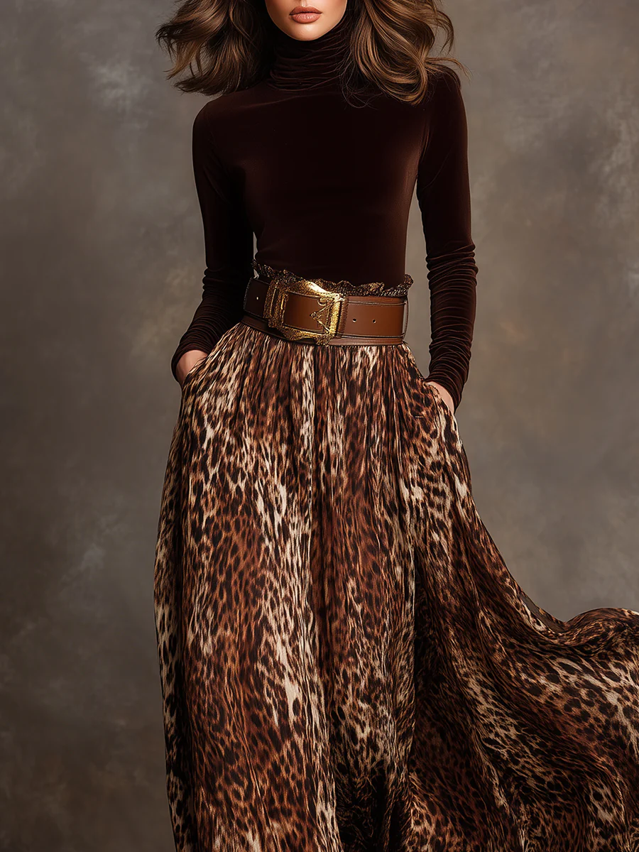Luxurious Velvet Turtleneck Top with Leopard Print Skirt Set – Effortless Glamour