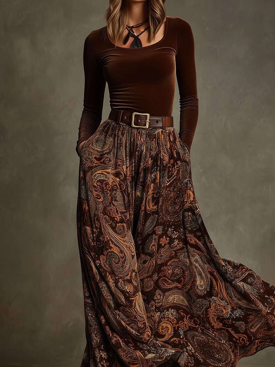 Vintage Stretch Velvet Top & Paisley Print Maxi Skirt Set — Belt Included