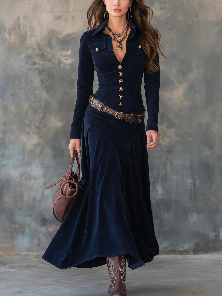 Vintage Suede Polyester Maxi Dress with Flap Pockets and Belt