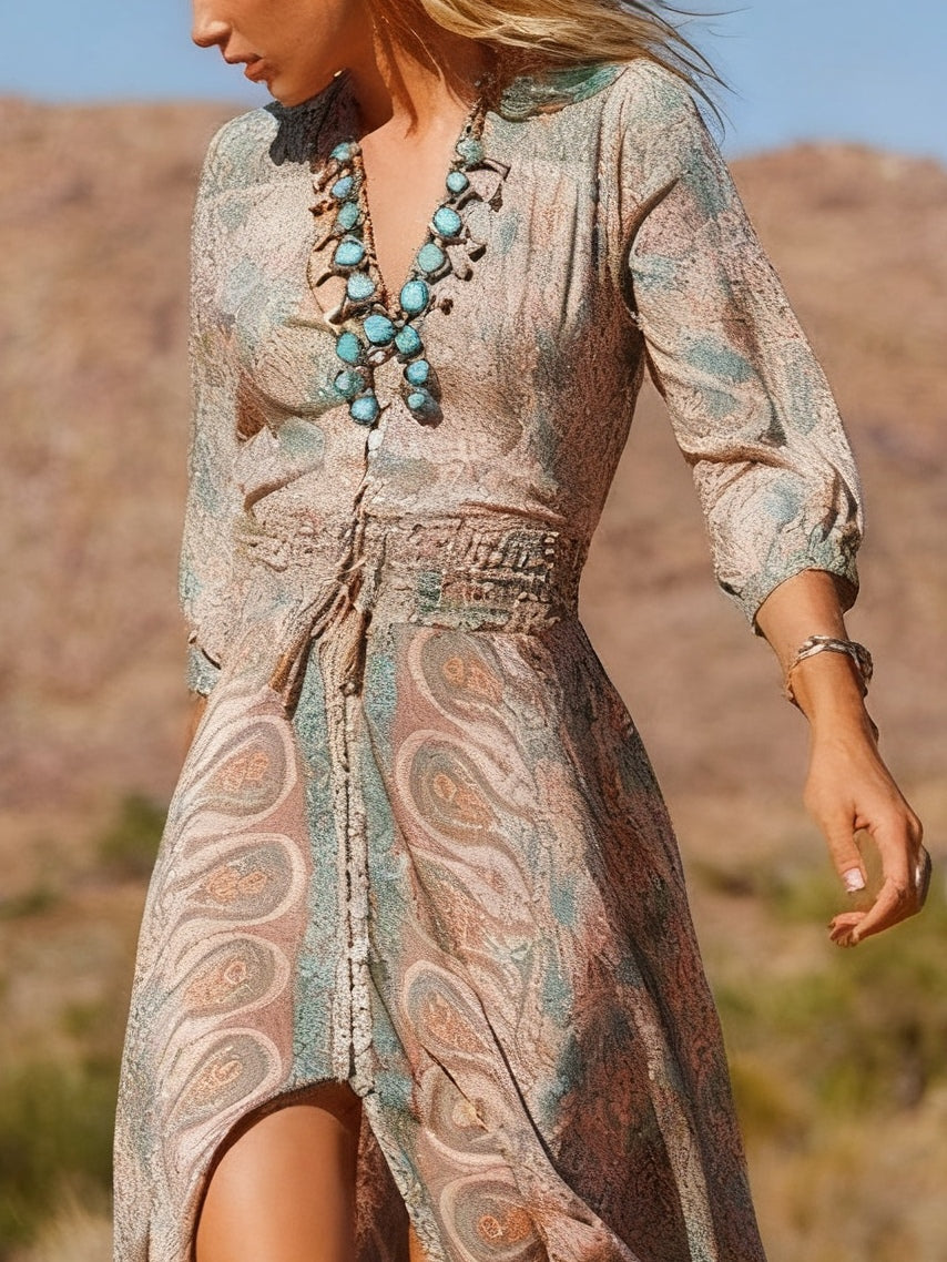 Bohemian Long Maxi Dress with Western Style Print and Slit