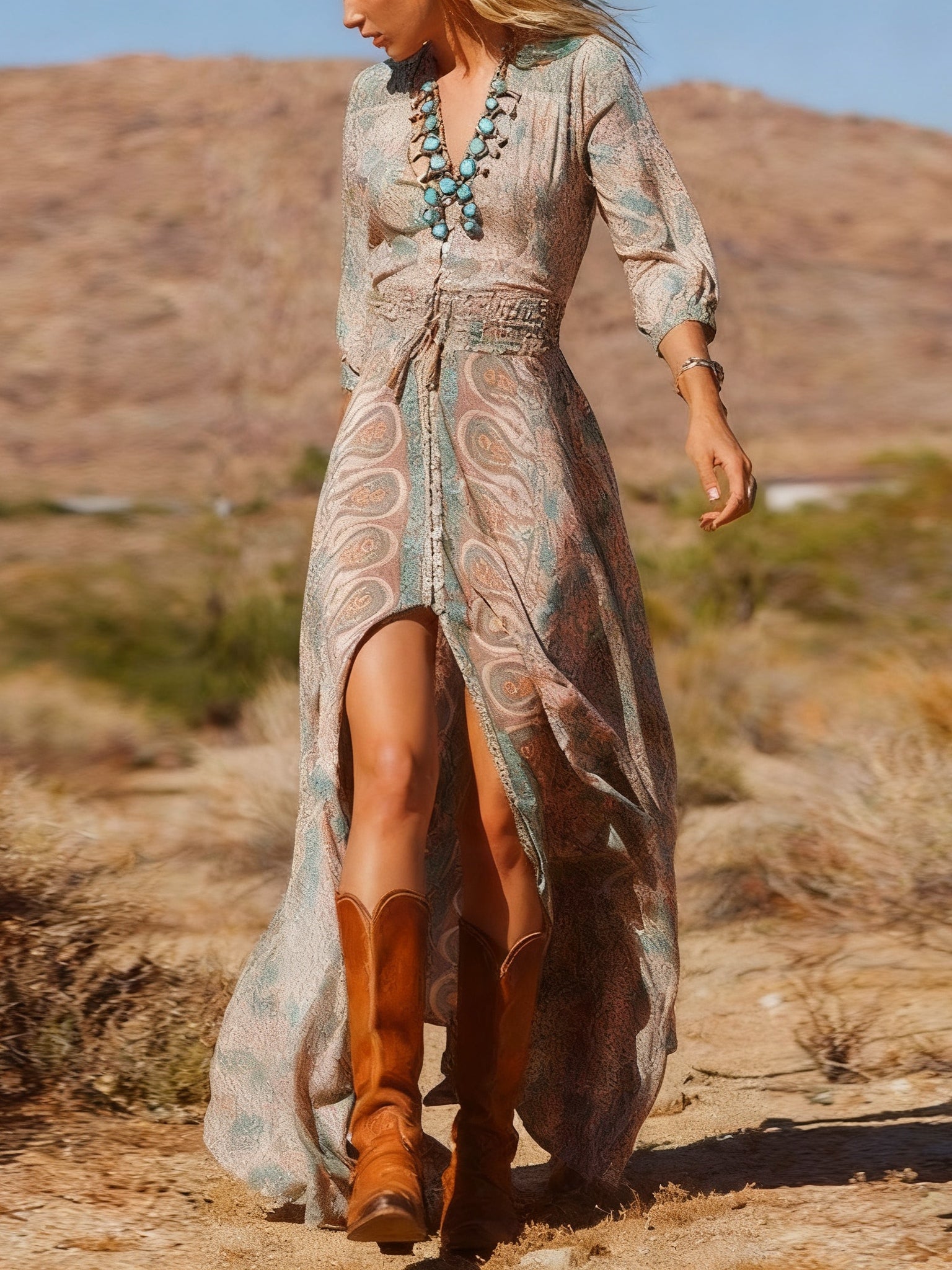 Bohemian Long Maxi Dress with Western Style Print and Slit