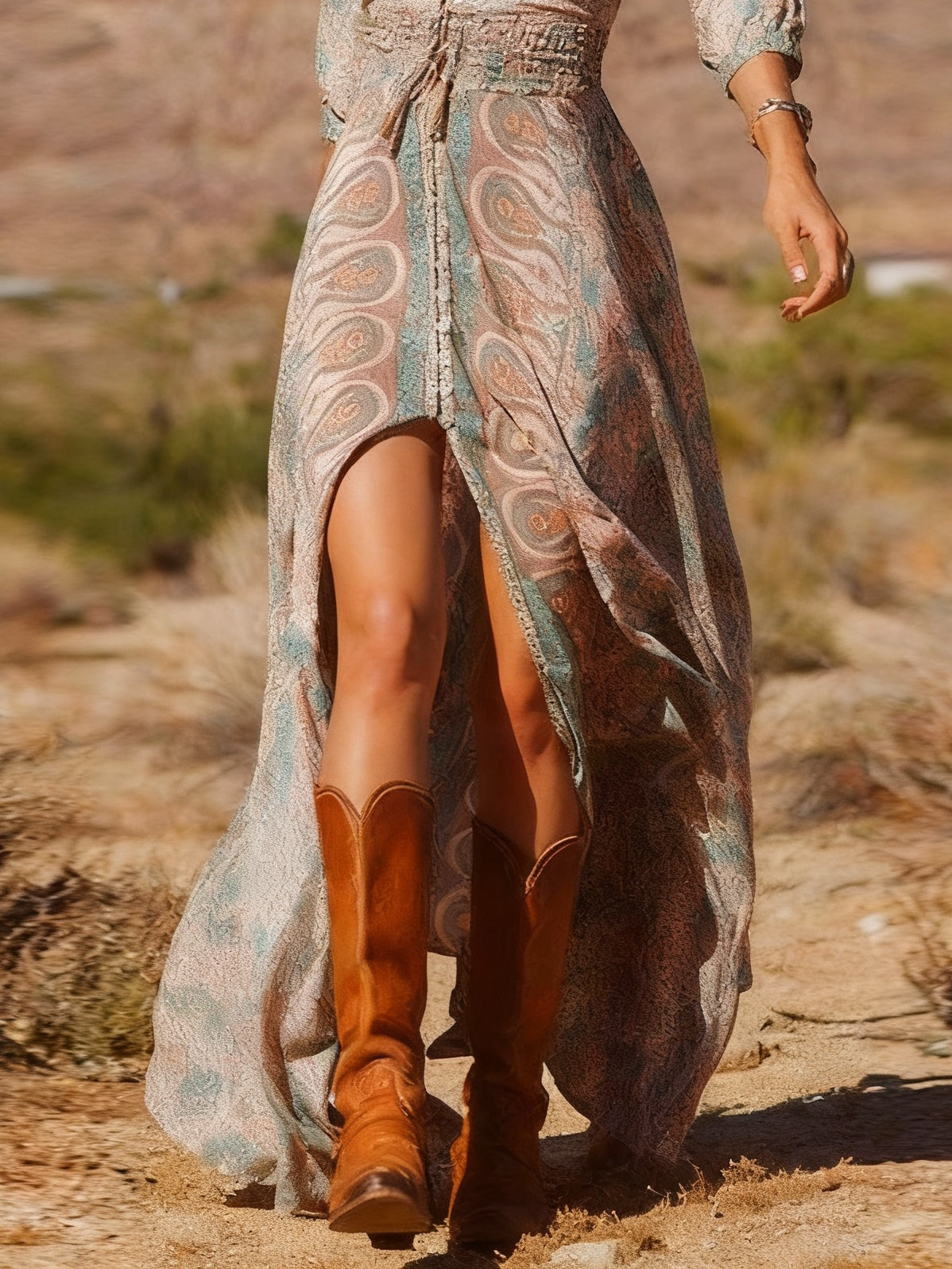 Bohemian Long Maxi Dress with Western Style Print and Slit