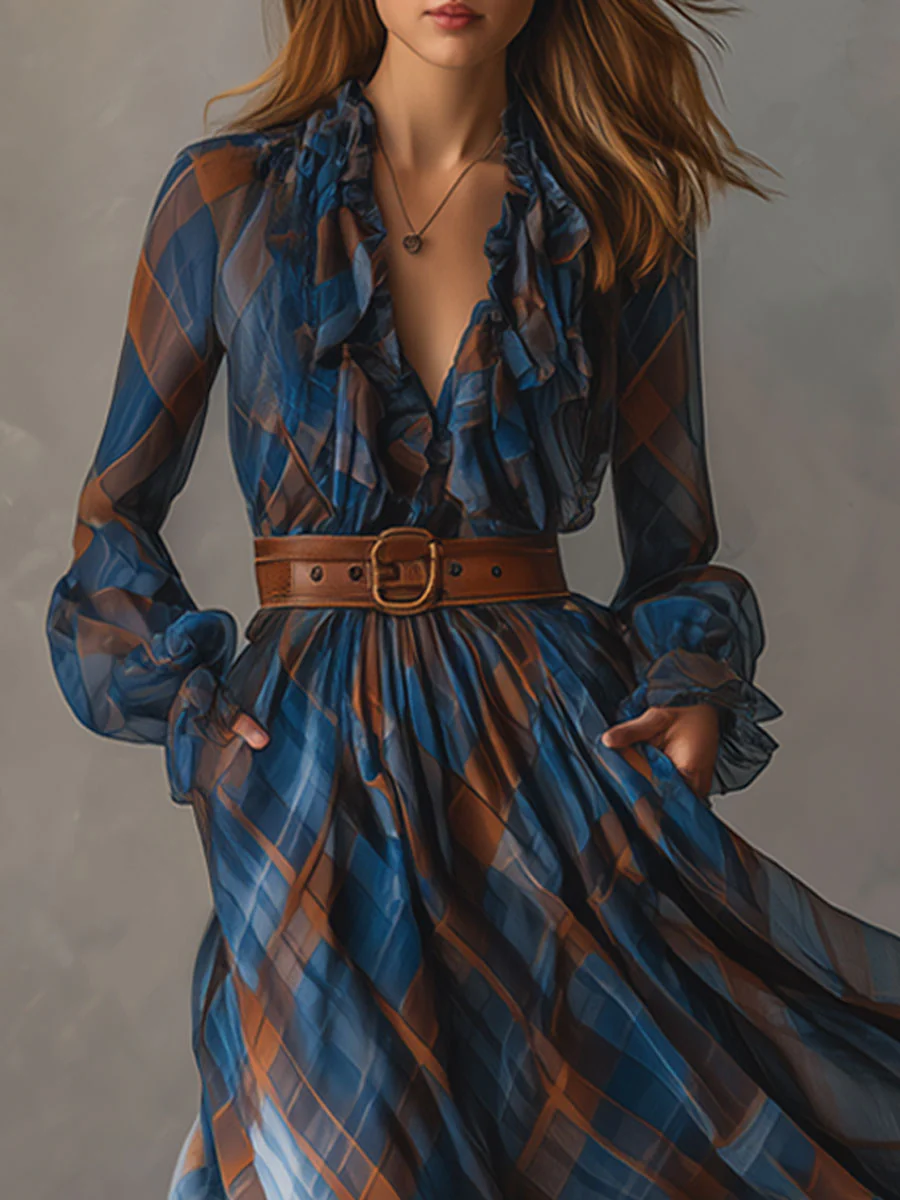 Maxi chiffon plaid dress with a V-neckline in blue and brown, adorned with elegant ruffles