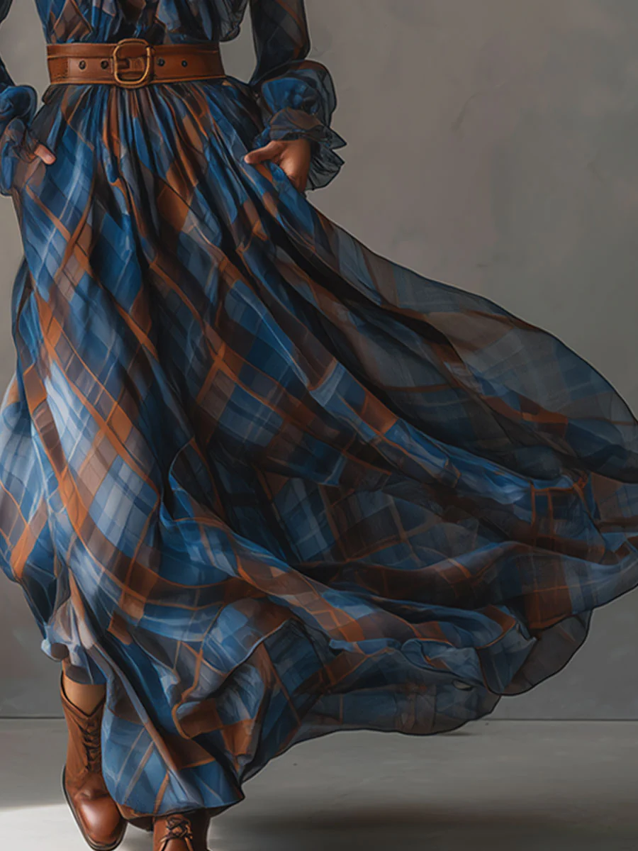 Maxi chiffon plaid dress with a V-neckline in blue and brown, adorned with elegant ruffles
