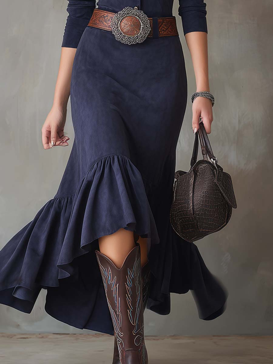 Elegant Navy Blue Maxi Dress with Stand Collar, Button Placket, High/Low Hem, and Belt