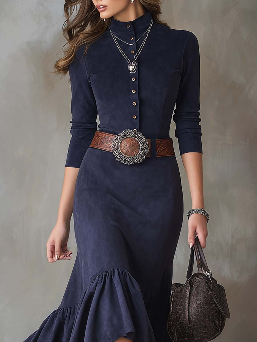 Elegant Navy Blue Maxi Dress with Stand Collar, Button Placket, High/Low Hem, and Belt