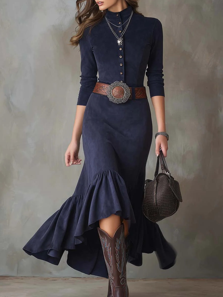 Elegant Navy Blue Maxi Dress with Stand Collar, Button Placket, High/Low Hem, and Belt