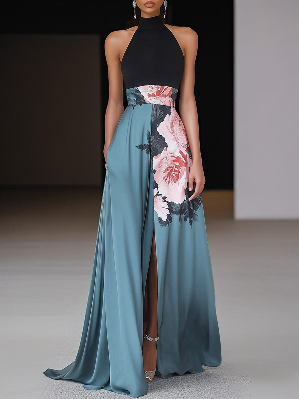 Elegant Long Dress with Floral Pattern