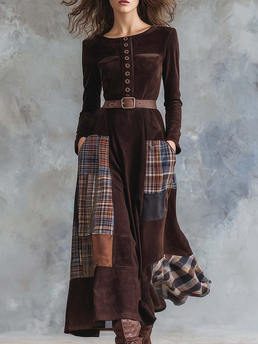 Vintage Maxi Suede Dress with Brown Plaid Faux and Patchwork Belt