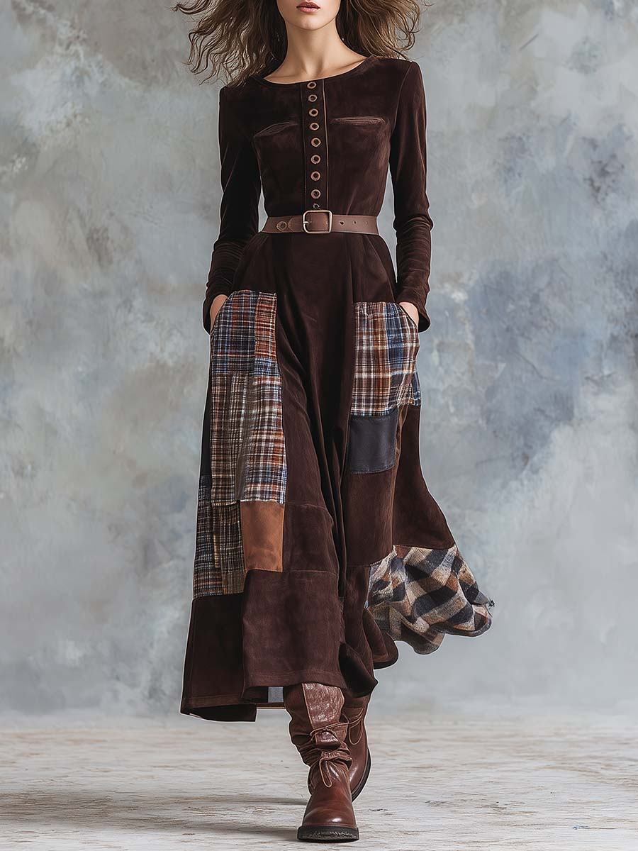 Vintage Maxi Suede Dress with Brown Plaid Faux and Patchwork Belt