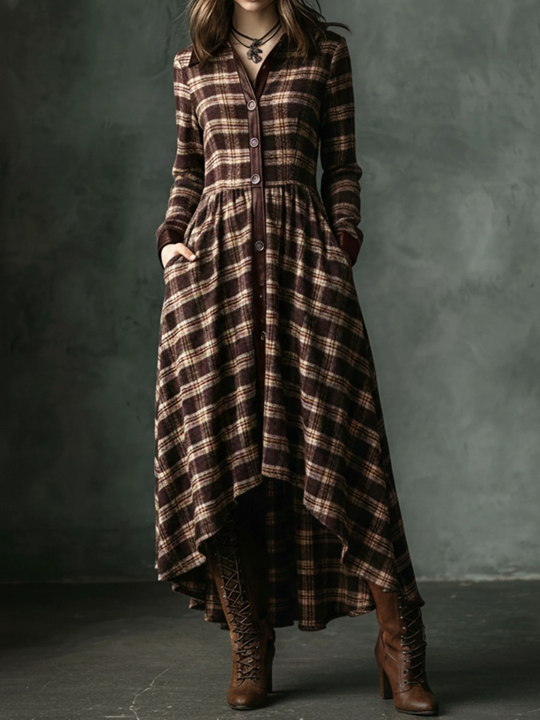 Maxi dress with brown checkered pattern, retro pockets, and elegant lapel details