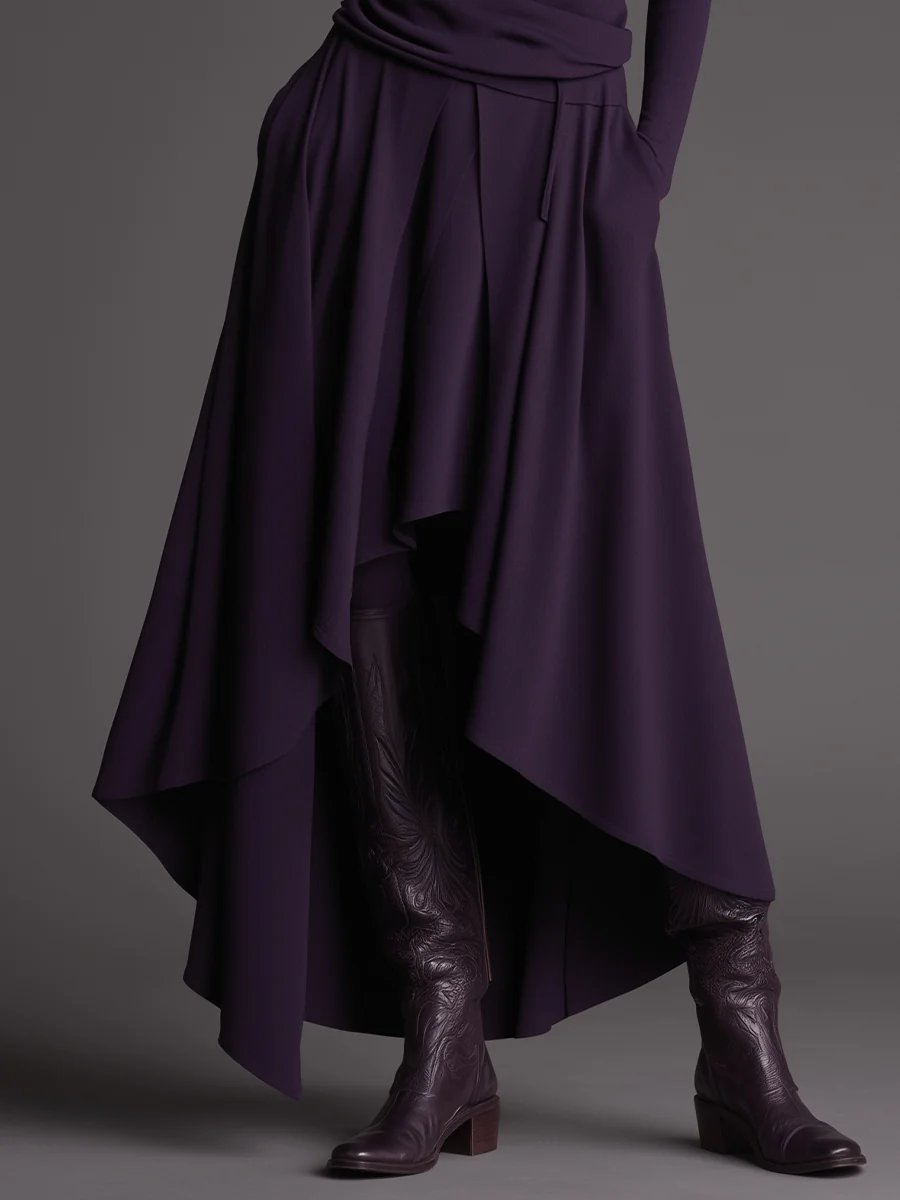 Elegant Purple Turtleneck Top with Asymmetrical Skirt — Chic 2-Piece Set