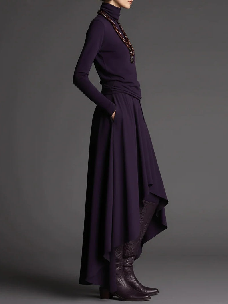 Elegant Purple Turtleneck Top with Asymmetrical Skirt — Chic 2-Piece Set
