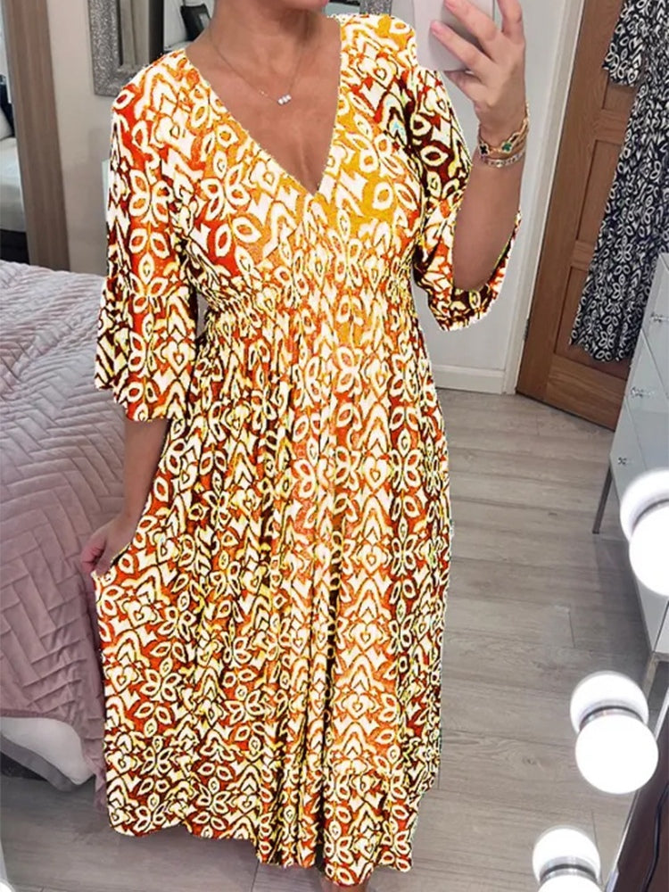 Casual Bohemian Long Dress with Print, V-Neckline, and Waist Belt