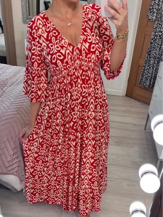 Casual Bohemian Long Dress with Print, V-Neckline, and Waist Belt