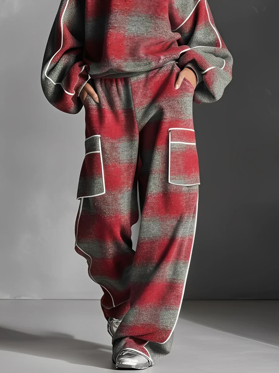 Red and Gray Plaid Color-Block Sweatshirt and Casual Pants Set – Two-Piece Comfort Ensemble