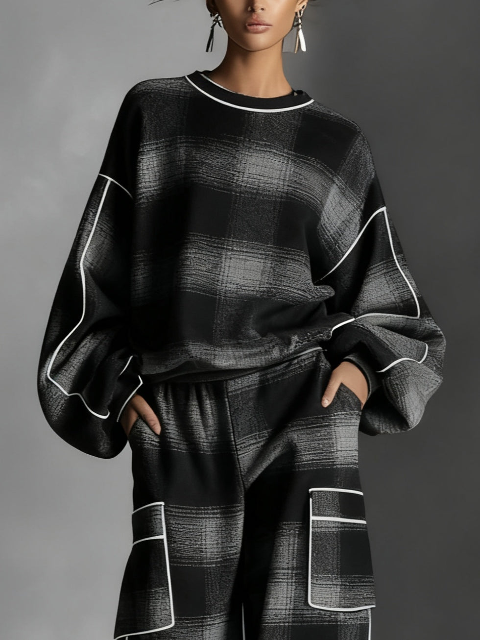 Black and Gray Plaid Color-Block Sweatshirt and Casual Pants Two-Piece Set – Sleek Everyday Comfort