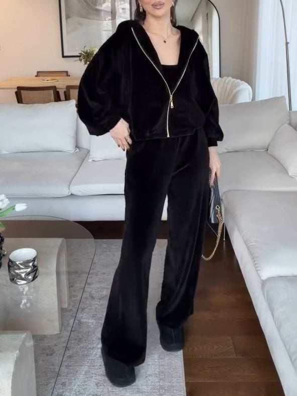 Dark Brown Velvet Hooded Cardigan & Wide-Leg Trousers Set – Casual Chic