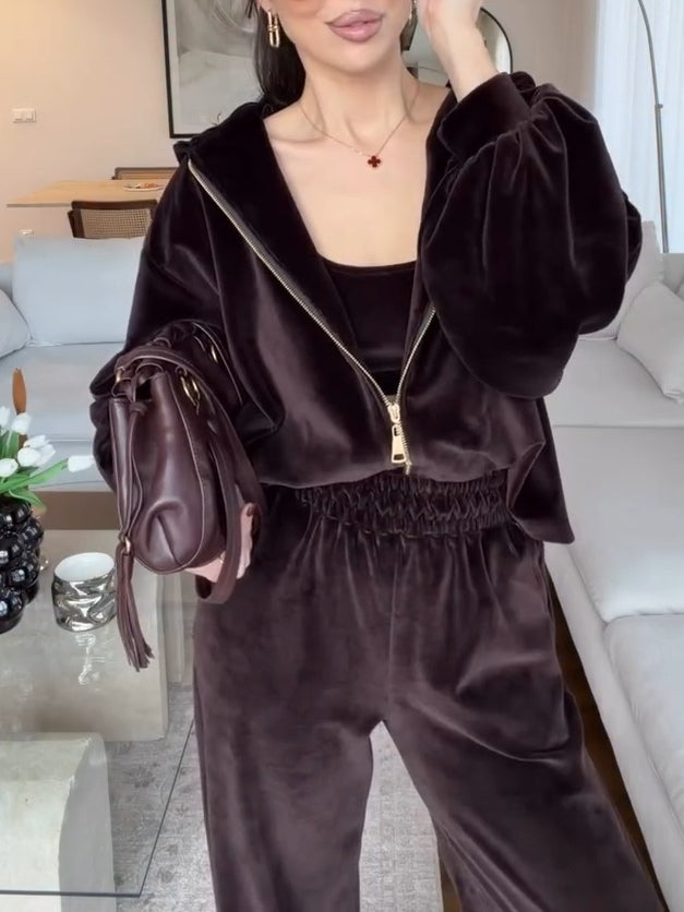 Dark Brown Velvet Hooded Cardigan & Wide-Leg Trousers Set – Casual Chic