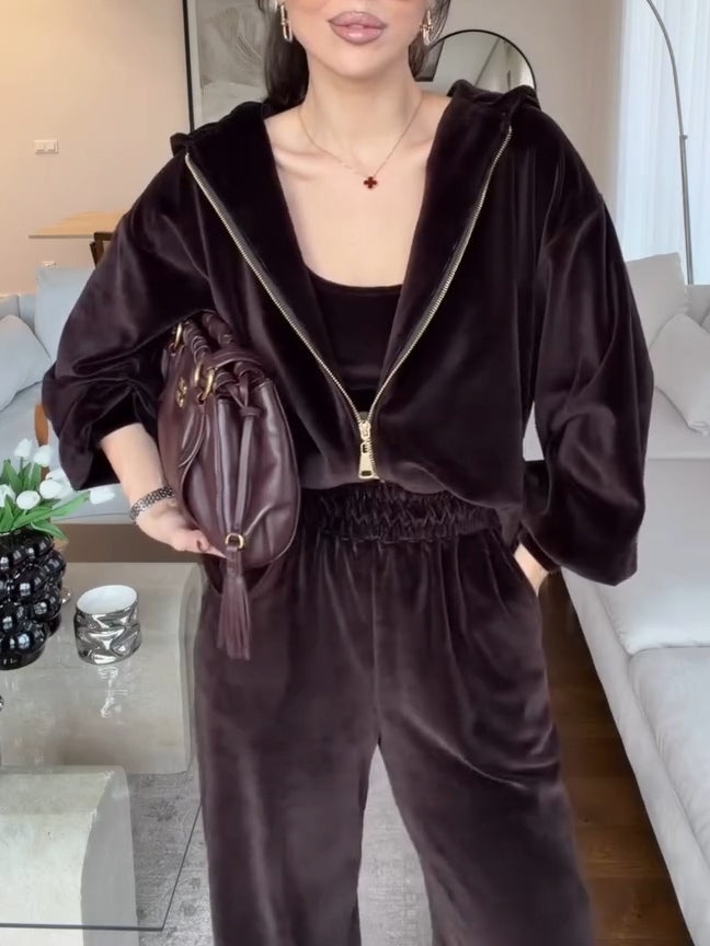 Dark Brown Velvet Hooded Cardigan & Wide-Leg Trousers Set – Casual Chic