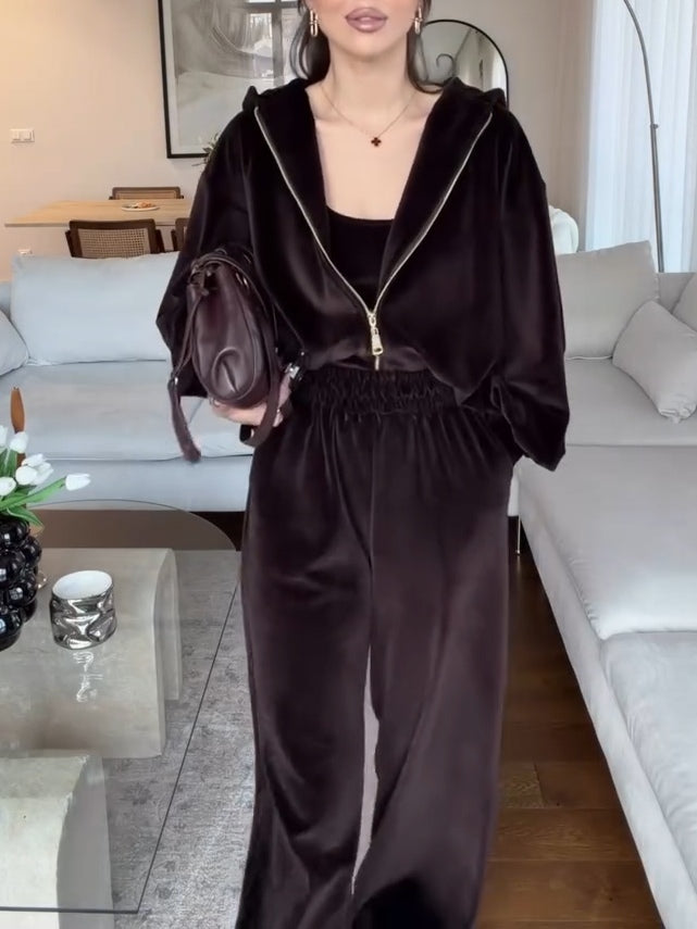Dark Brown Velvet Hooded Cardigan & Wide-Leg Trousers Set – Casual Chic