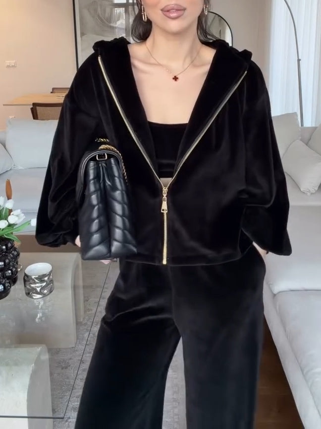 Dark Brown Velvet Hooded Cardigan & Wide-Leg Trousers Set – Casual Chic