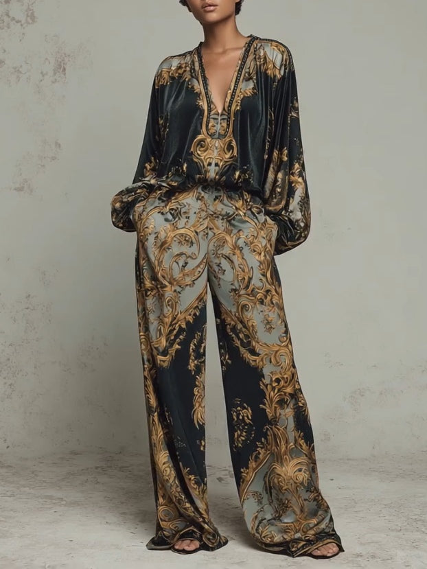 Baroque-Style Ornate Floral Print Top with Wide-Leg Trousers – Casual Suit Set